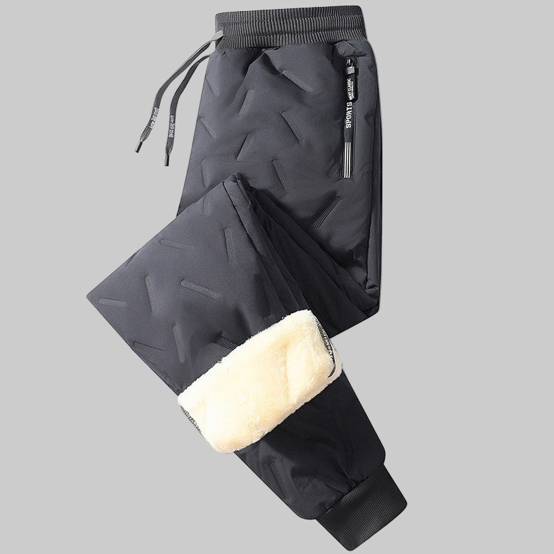 Dark gray winter pants with white Sherpa lining on a white background
